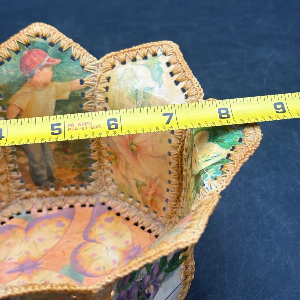 Vintage Handmade Greeting Card Basket Crochet Trim Floral Scalloped Bowl 8.5